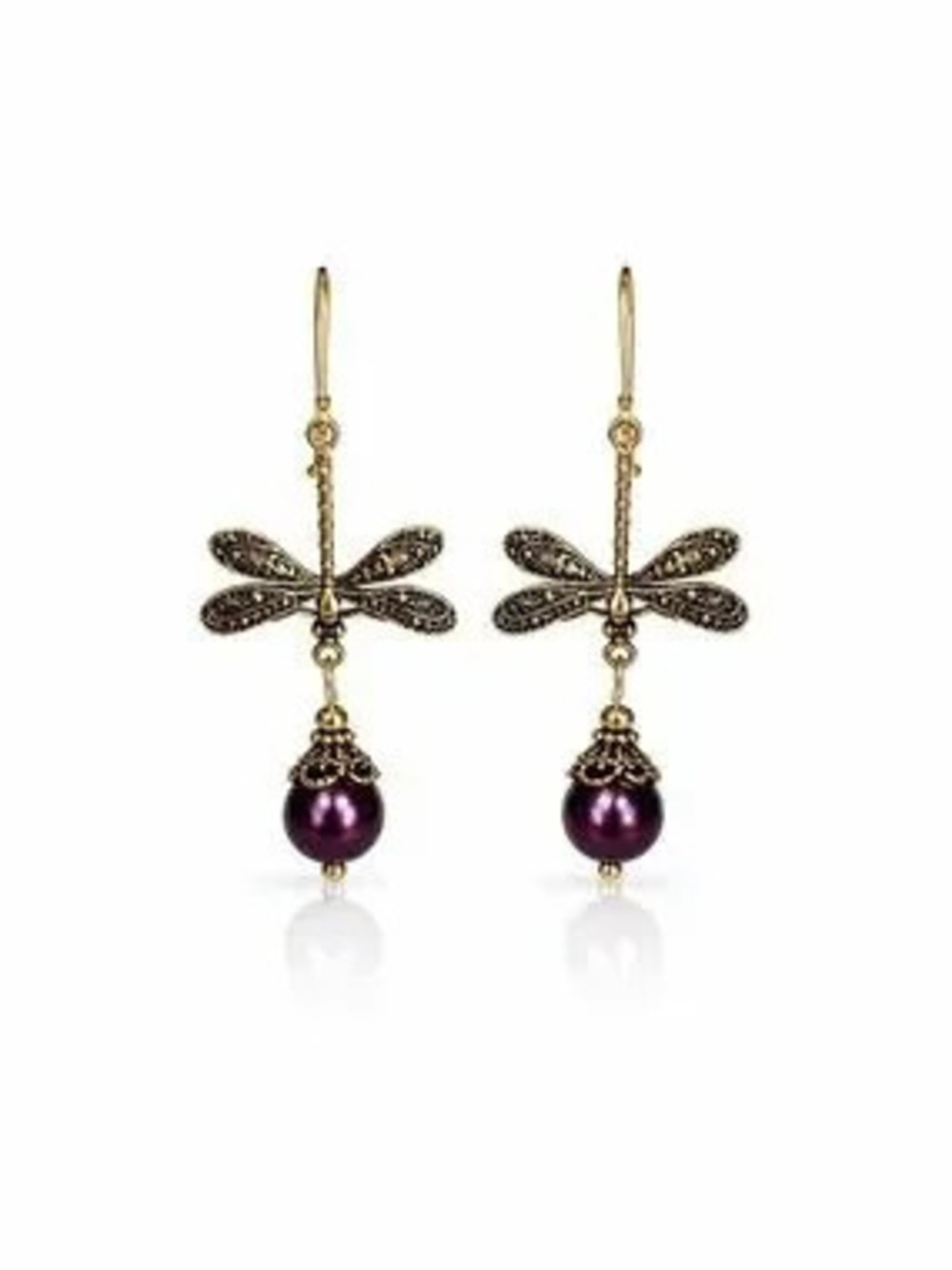 Gold Dragonfly Drop Earrings with Purple Pearl Accent